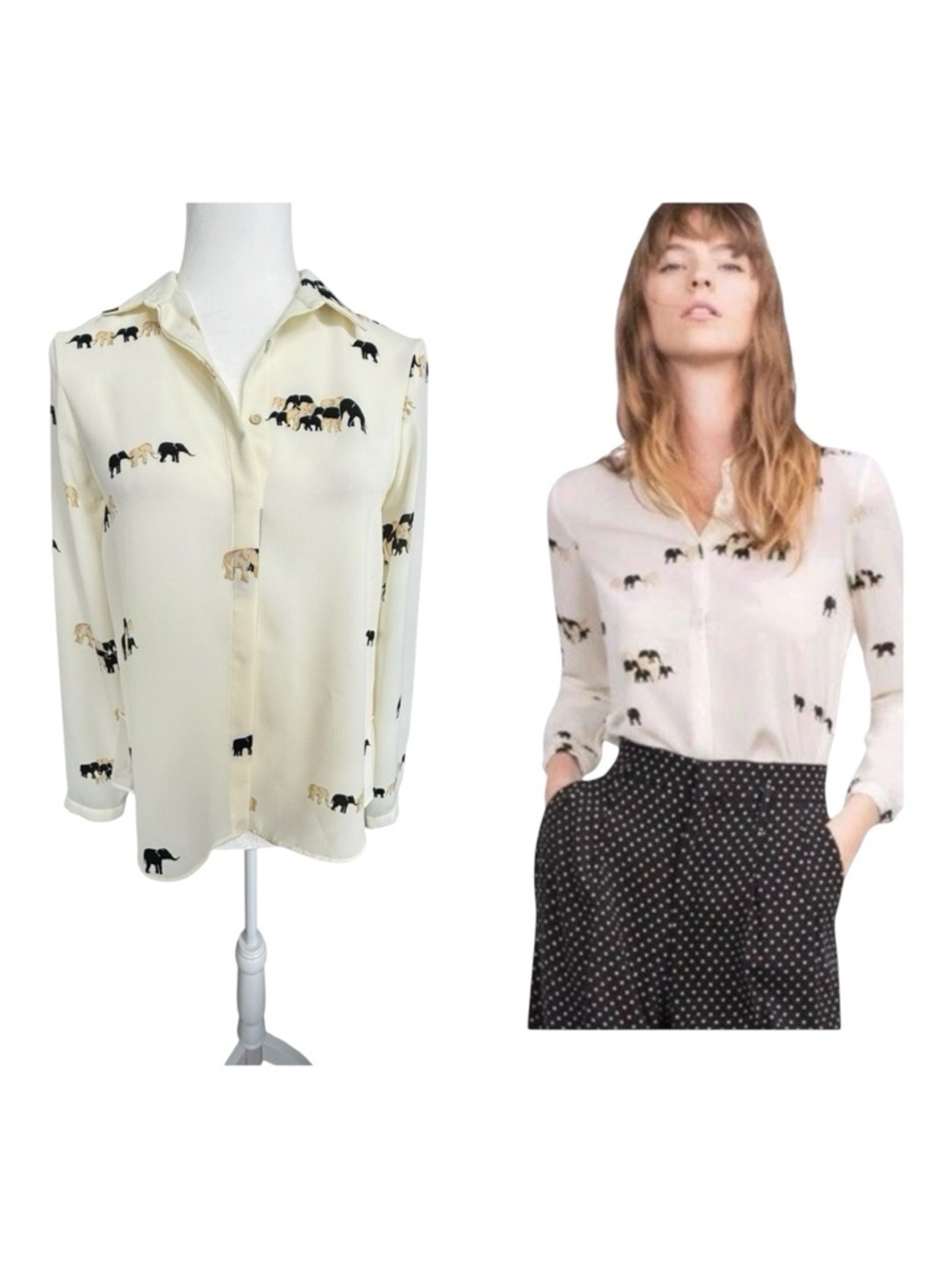 ZARA Ivory Elephant Print Blouse XS Relaxed Collar Button Shirt Side Slit Detail